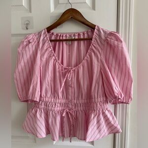 JOIE Pink Striped Peplum Blouse Puff Sleeve Tie Waist Top M